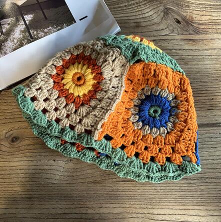 バケットハット 女性用韓国風編み物バケット帽子花柄配色