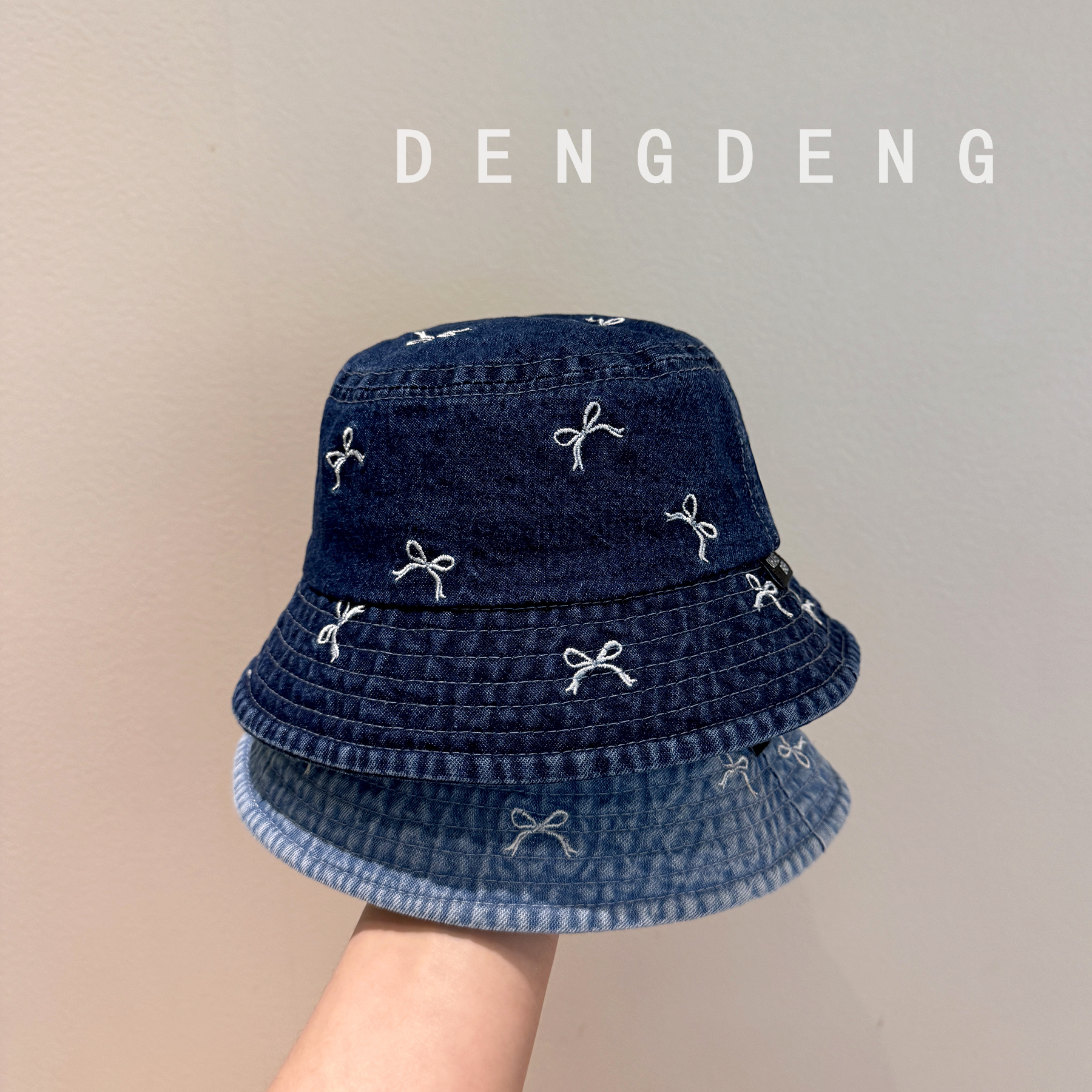 バケットハット リボン刺繍 子供用デニムバケットハット
