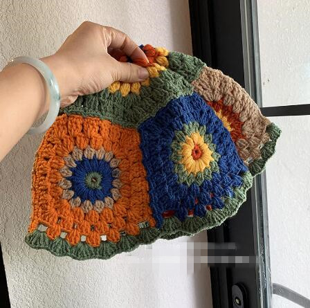 バケットハット 女性用韓国風編み物バケット帽子花柄配色