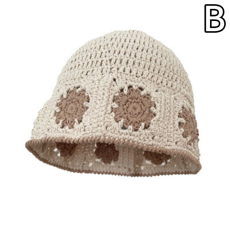 バケットハット 花柄編み物バケット帽子 黒色ニット帽 女性用