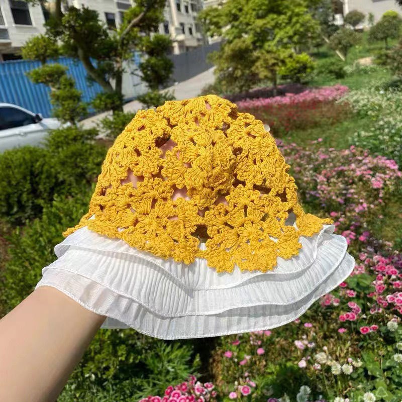 バケットハット 透かし編み 花模様 かぎ針編み フリル つば広 編み物バケットハット