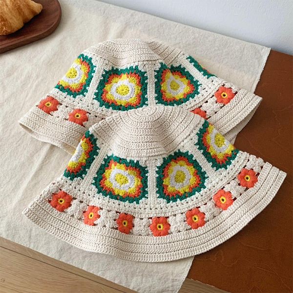 バケットハット 編み物花柄バケットハット レディース 韓国風帽子