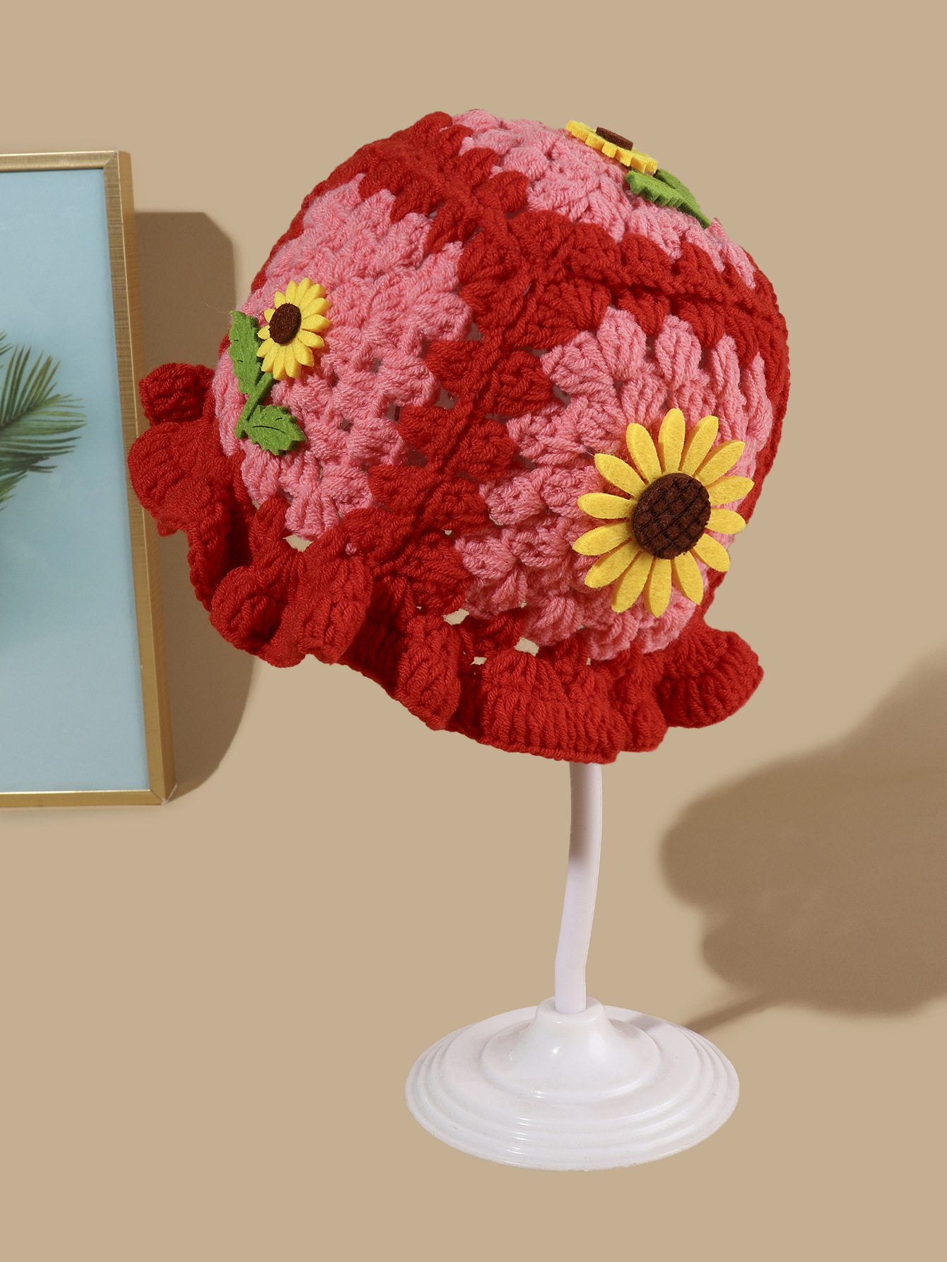 バケットハット 手編みひまわり模様のかぎ針バケットハット