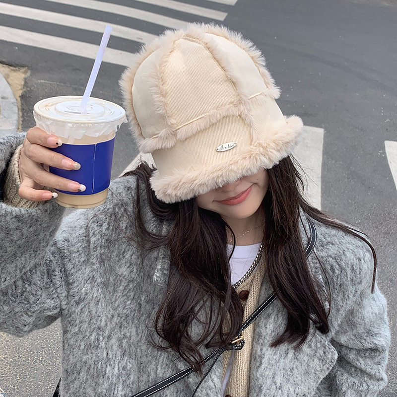 ファー付きバケットハット レディース 韓国風ボーダー柄帽子