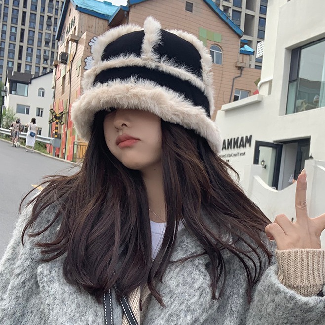 ファー付きバケットハット レディース 韓国風ボーダー柄帽子