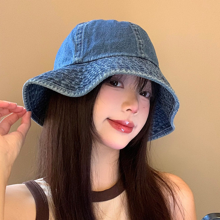 バケットハット ヴィンテージ風デニム生地のつば広バケットハット