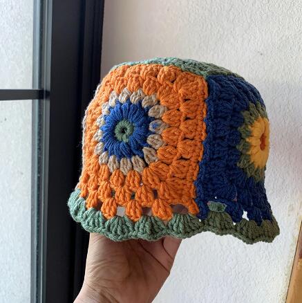 バケットハット 女性用韓国風編み物バケット帽子花柄配色