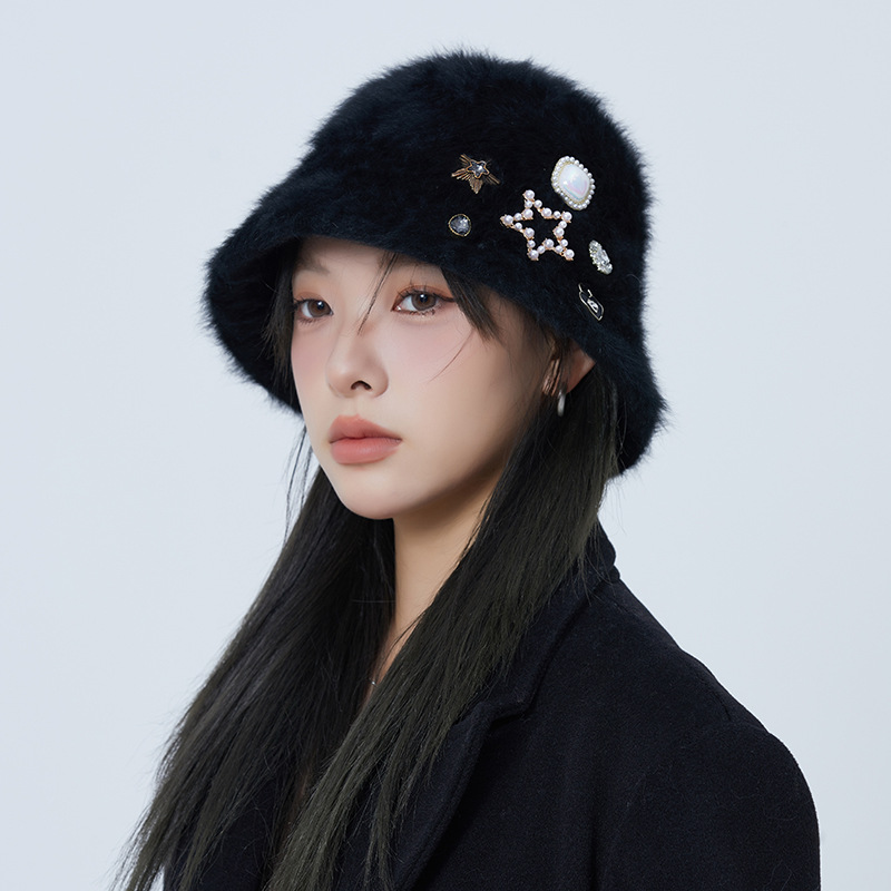 バケットハット 星座モチーフ装飾付きふわふわファーバケットハット