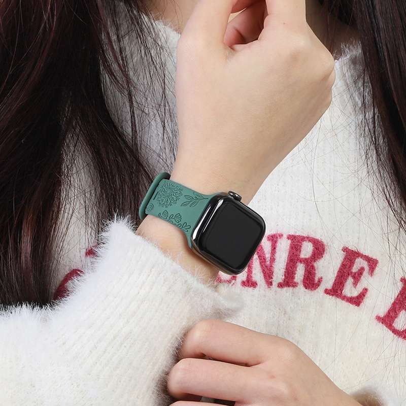 アップルウォッチバンド 花柄エンボス加工グリーンレザーApple Watchバンド
