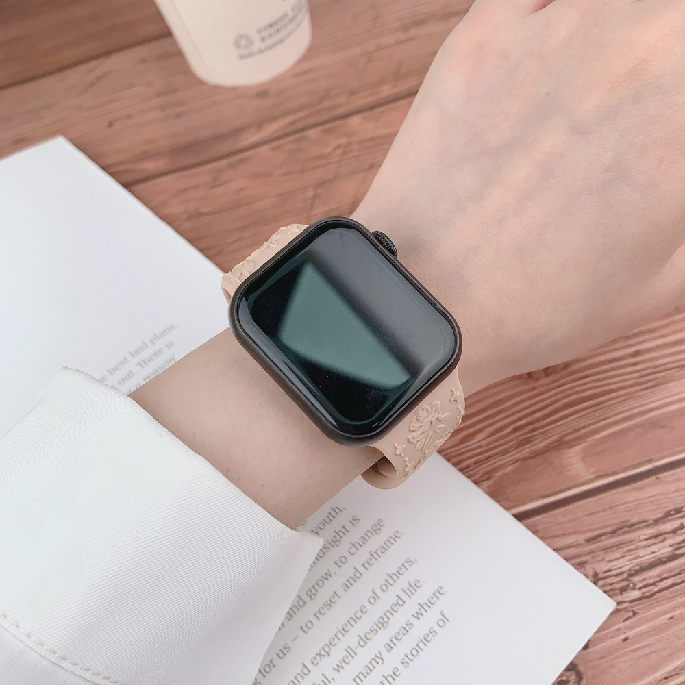 アップルウォッチバンド 大輪薔薇浮彫柄シリコン軽量スポーツバンド