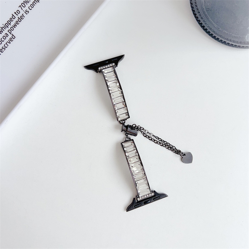 アップルウォッチバンド 長方形クリスタル装飾チェーン付きステンレスバンド