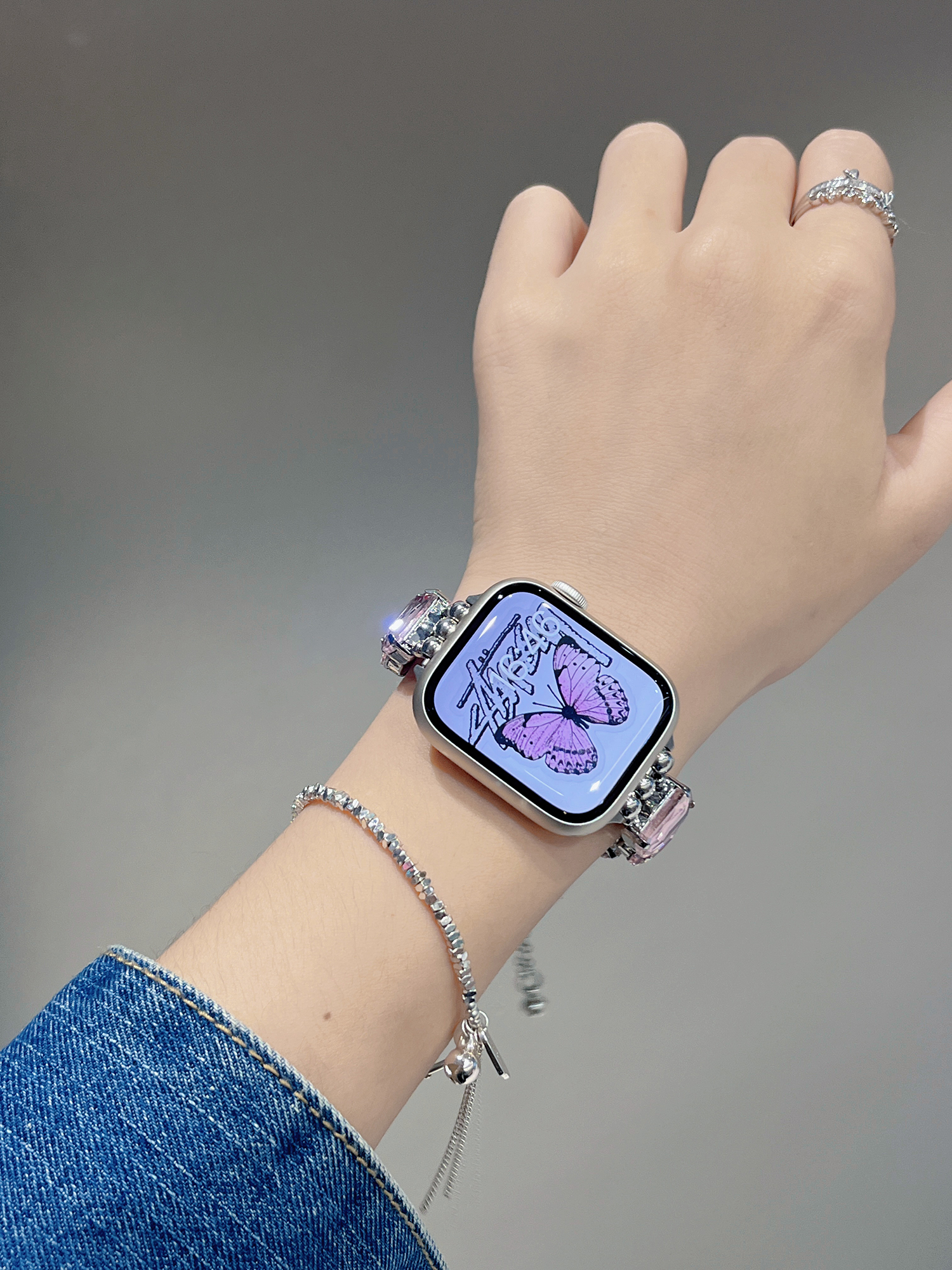 アップルウォッチバンド 宝石付きステンレスチェーンバンド
