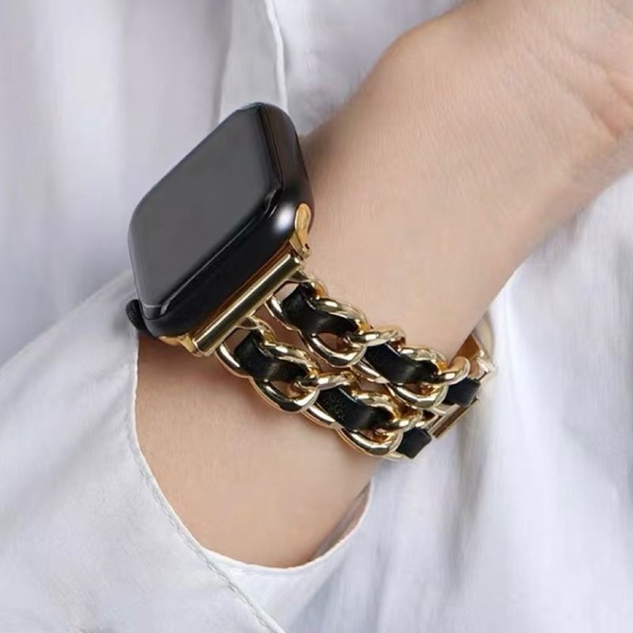 アップルウォッチバンド 二連チェーン レザー編み込みステンレスバンド