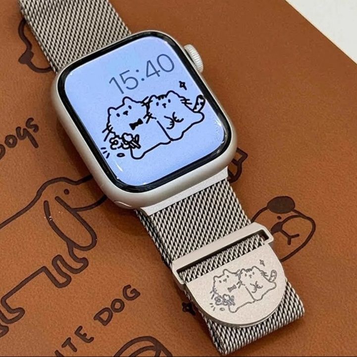 アップルウォッチバンド メッシュ模様の猫柄チタンバンド