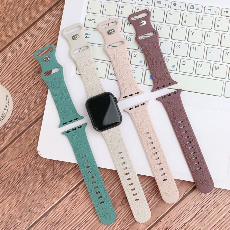 アップルウォッチバンド 大輪薔薇浮彫柄シリコン軽量スポーツバンド