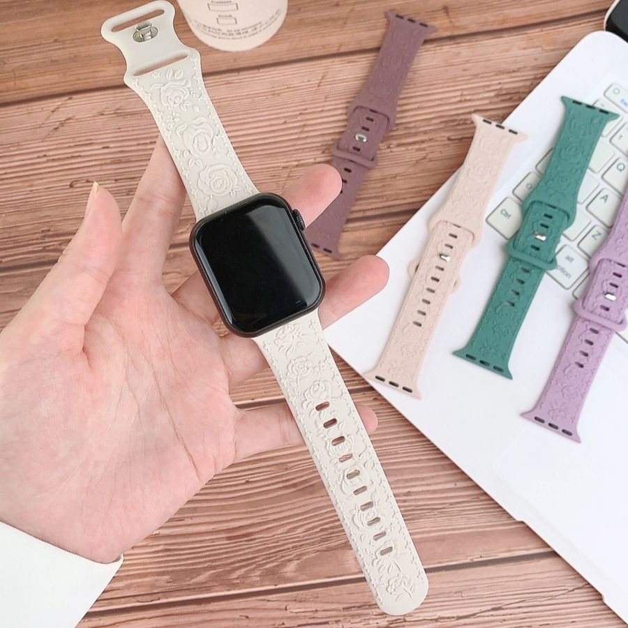 アップルウォッチバンド 大輪薔薇浮彫柄シリコン軽量スポーツバンド
