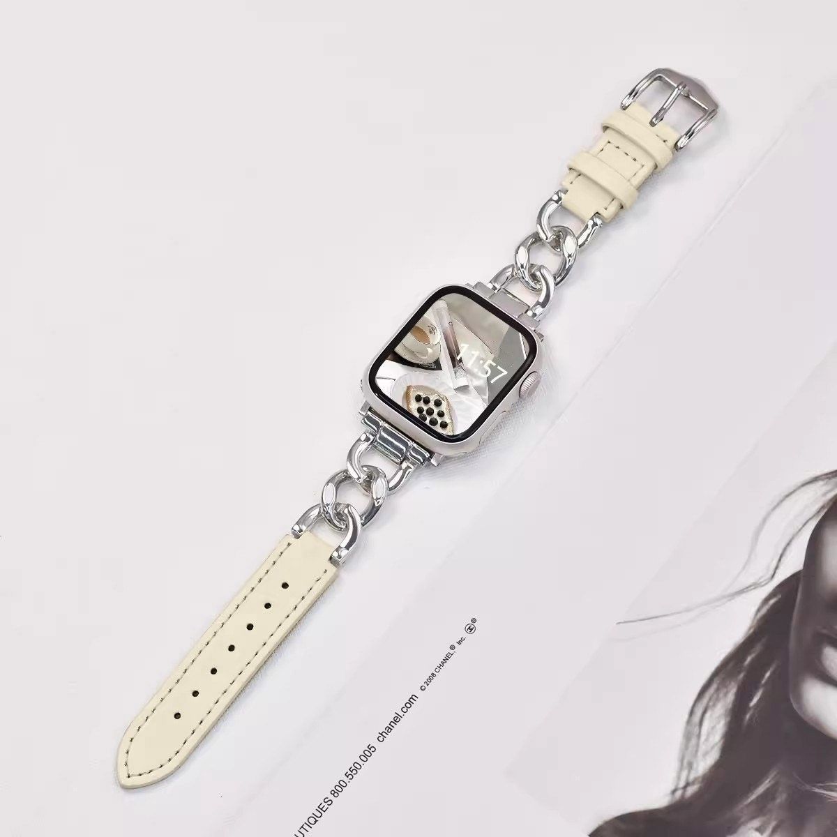 アップルウォッチバンド メタル×レザー 細身チェーン ブレスレット風