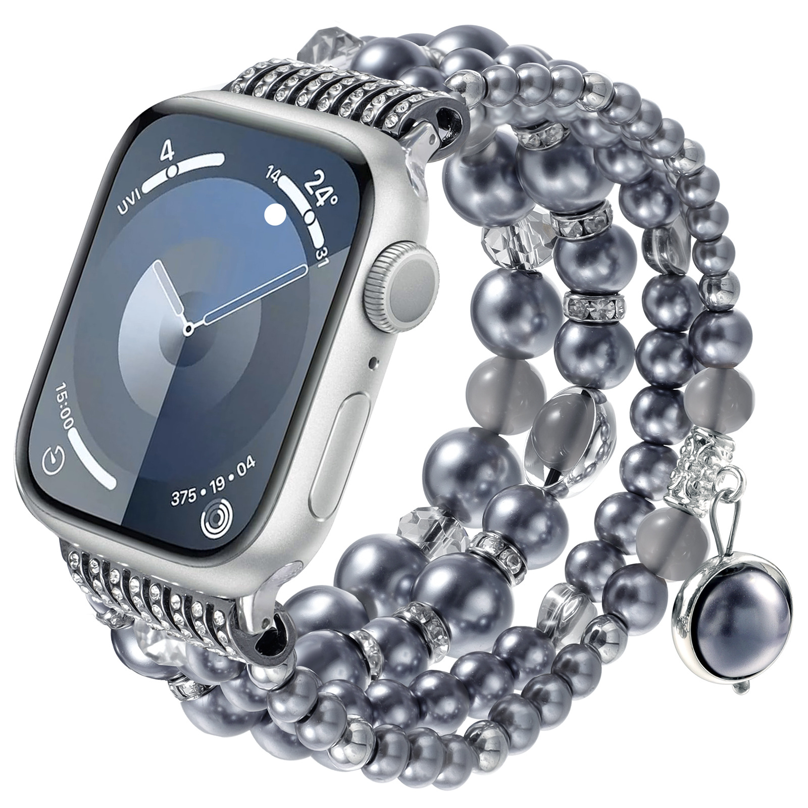 アップルウォッチバンド 真珠とビジュー装飾の華やかステンレスバンド