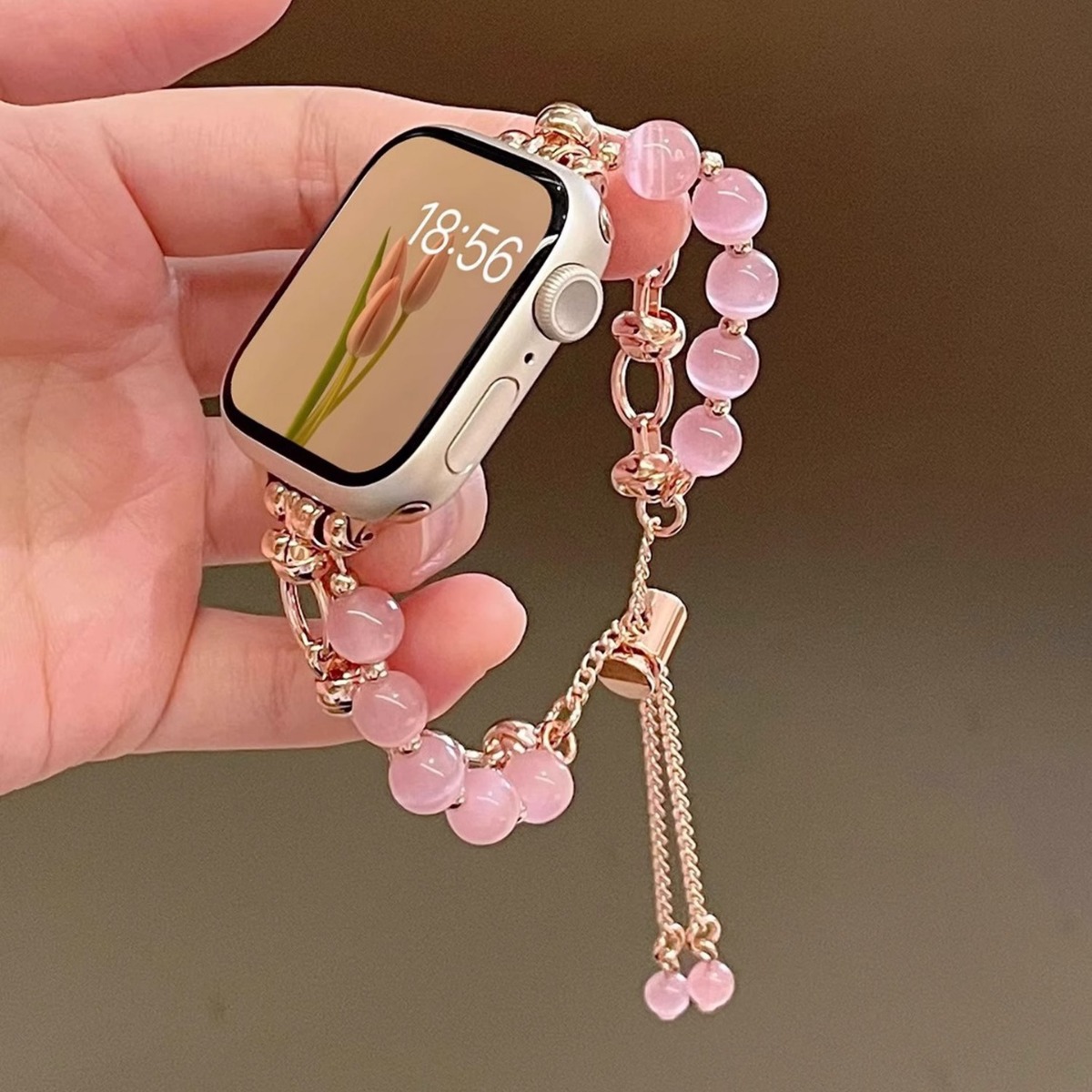 アップルウォッチバンドステンレス 天然石ビーズ装飾チェーン調節可能ブレスレット型バンド