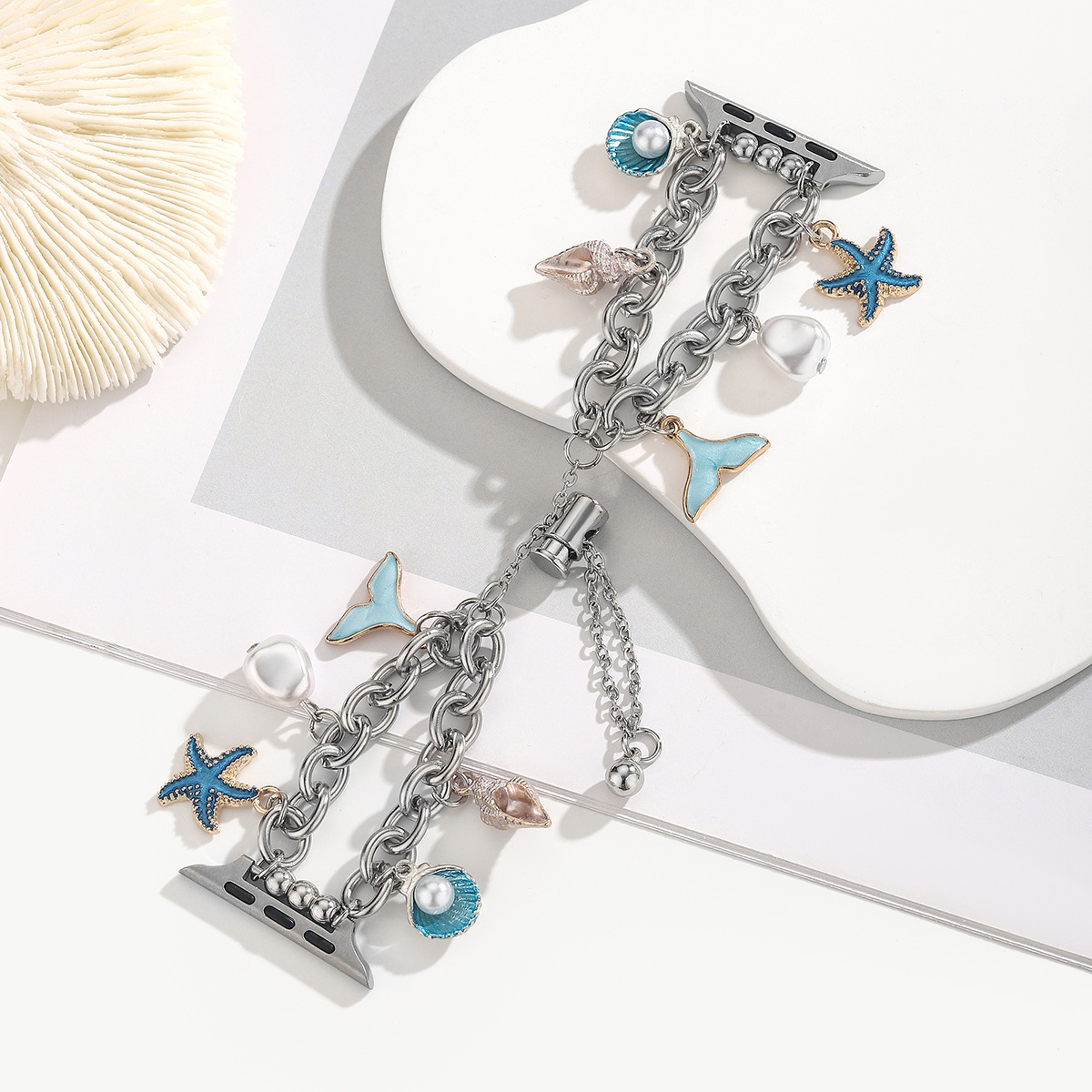 アップルウォッチバンド 海モチーフチャーム付きステンレスチェーンバンド