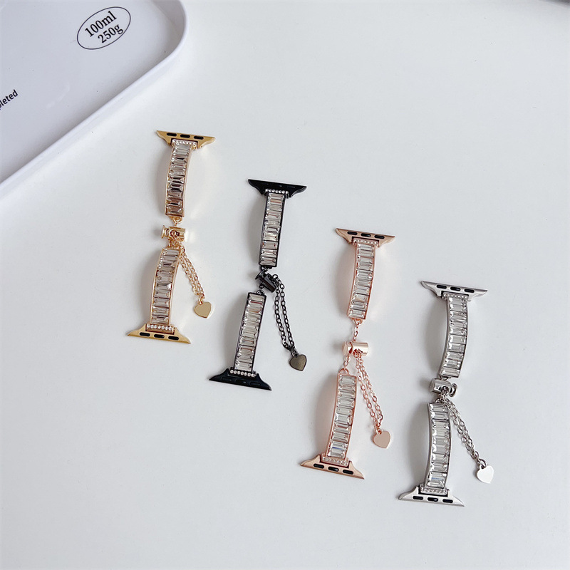 アップルウォッチバンド 長方形クリスタル装飾チェーン付きステンレスバンド