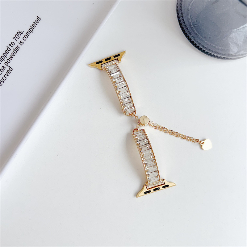 アップルウォッチバンド 長方形クリスタル装飾チェーン付きステンレスバンド