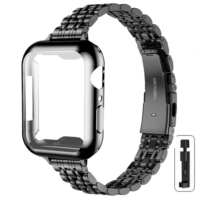 アップルウォッチバンド 七連装飾ステンレスバンド保護ケース付き