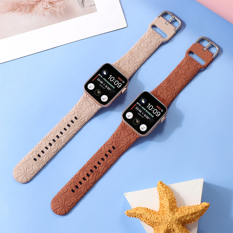 アップルウォッチバンド ステンレス製ハイビスカス花柄シリコンベルト腕時計バンド