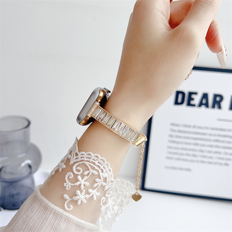 アップルウォッチバンド 長方形クリスタル装飾チェーン付きステンレスバンド