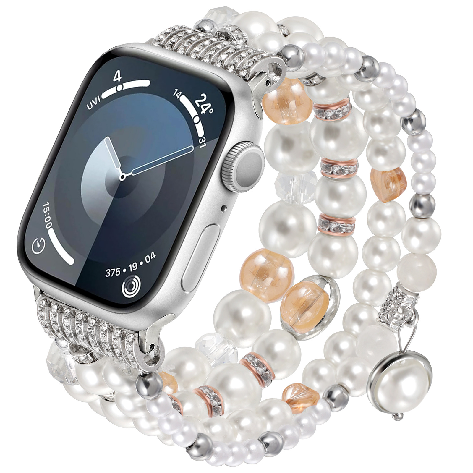 アップルウォッチバンド 真珠とビジュー装飾の華やかステンレスバンド