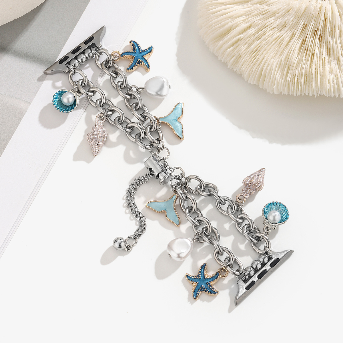 アップルウォッチバンド 海モチーフチャーム付きステンレスチェーンバンド