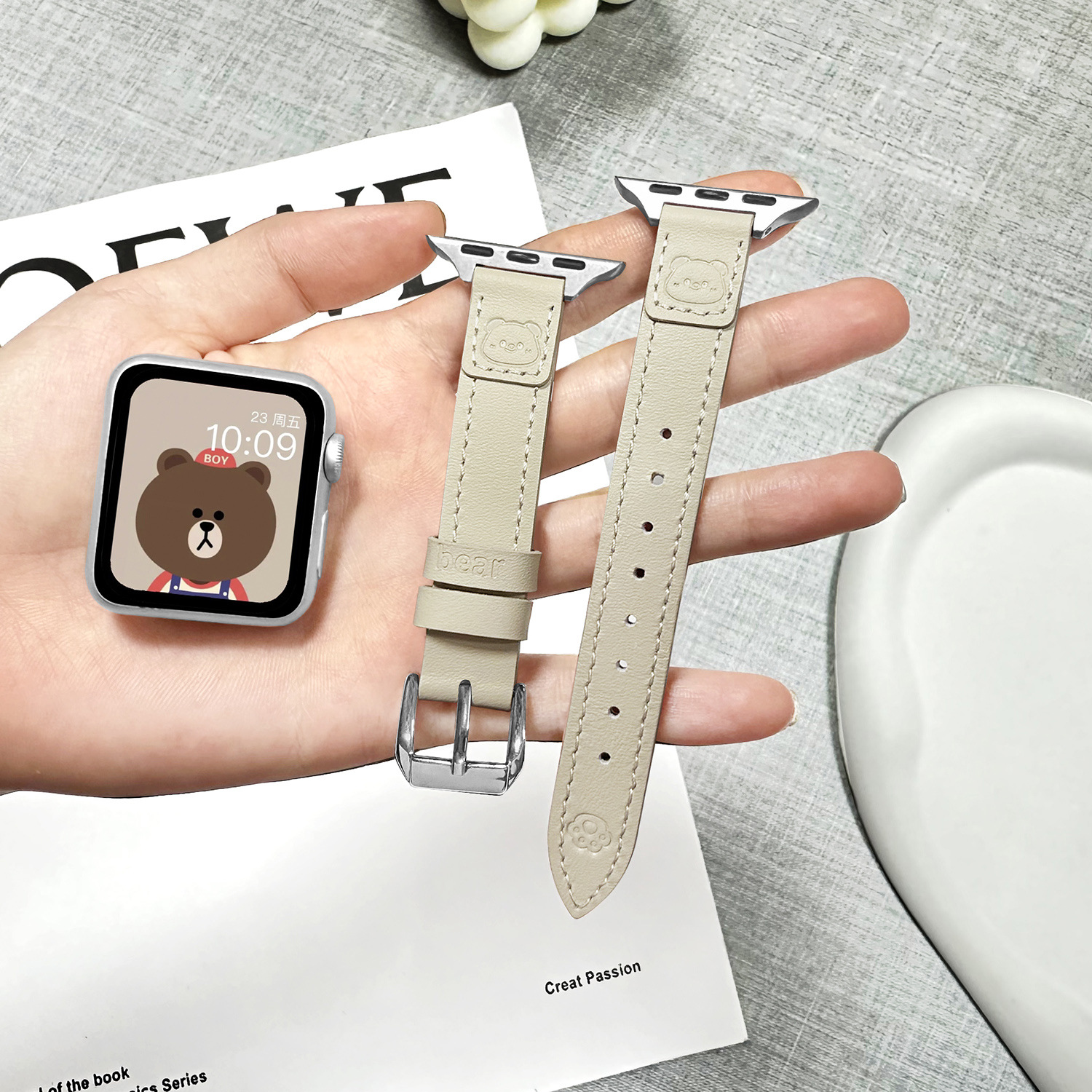 アップルウォッチバンド 小熊刻印入り本革細身バンド