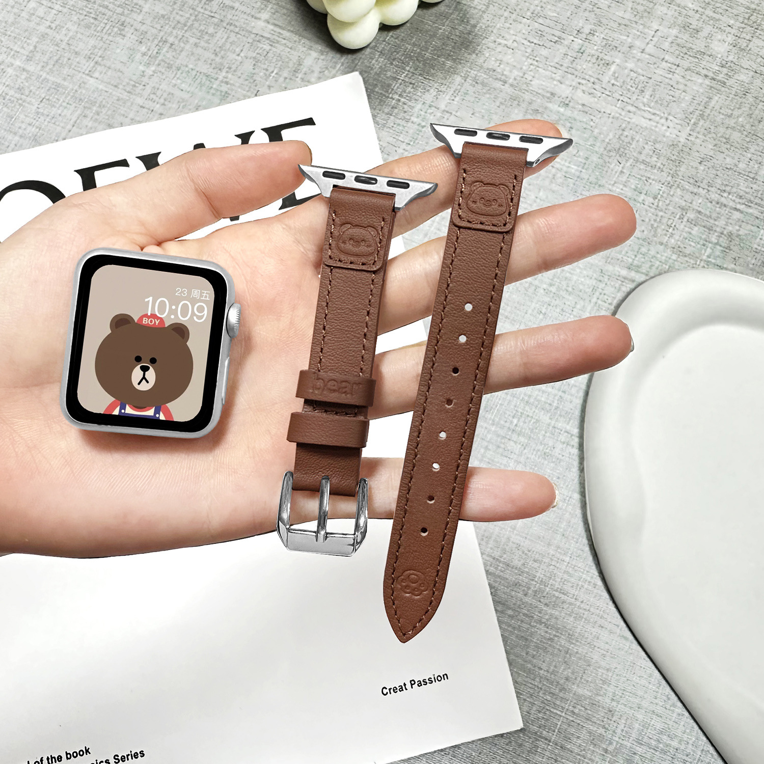 アップルウォッチバンド 小熊刻印入り本革細身バンド