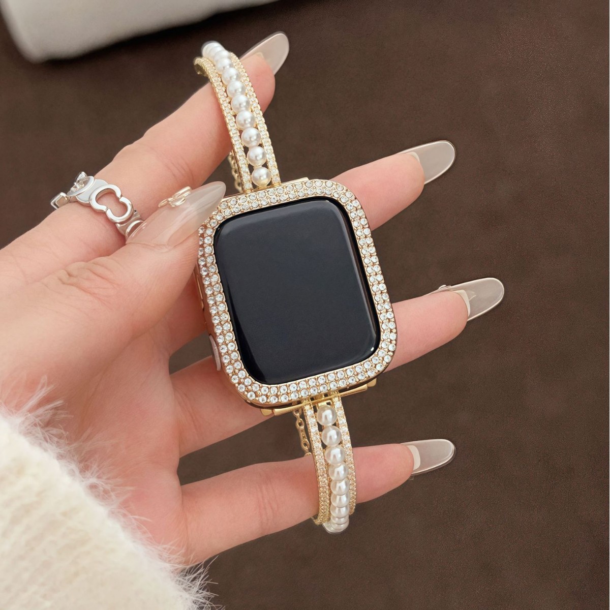 アップルウォッチバンド 輝石装飾パール付きステンレスバンド