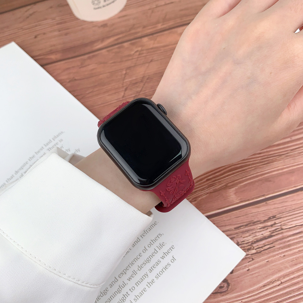 アップルウォッチバンド 大輪薔薇浮彫柄シリコン軽量スポーツバンド