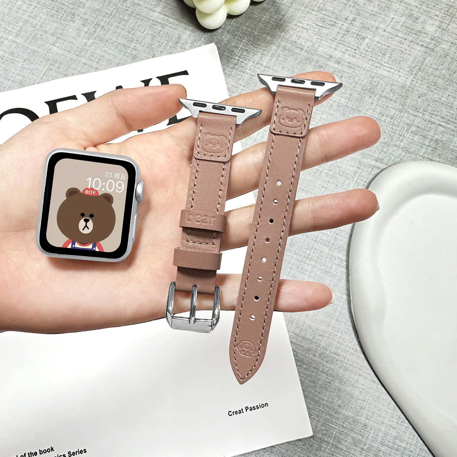 アップルウォッチバンド 小熊刻印入り本革細身バンド