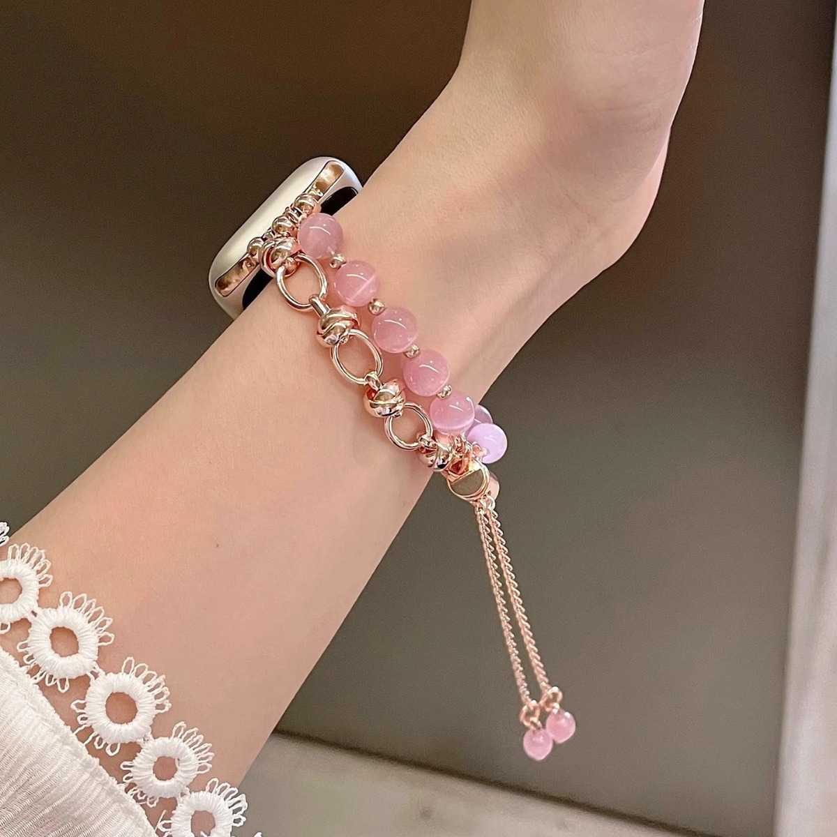 アップルウォッチバンドステンレス 天然石ビーズ装飾チェーン調節可能ブレスレット型バンド