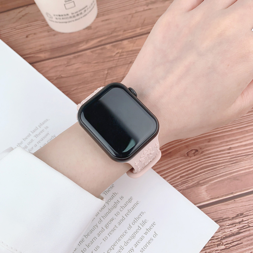 アップルウォッチバンド 大輪薔薇浮彫柄シリコン軽量スポーツバンド