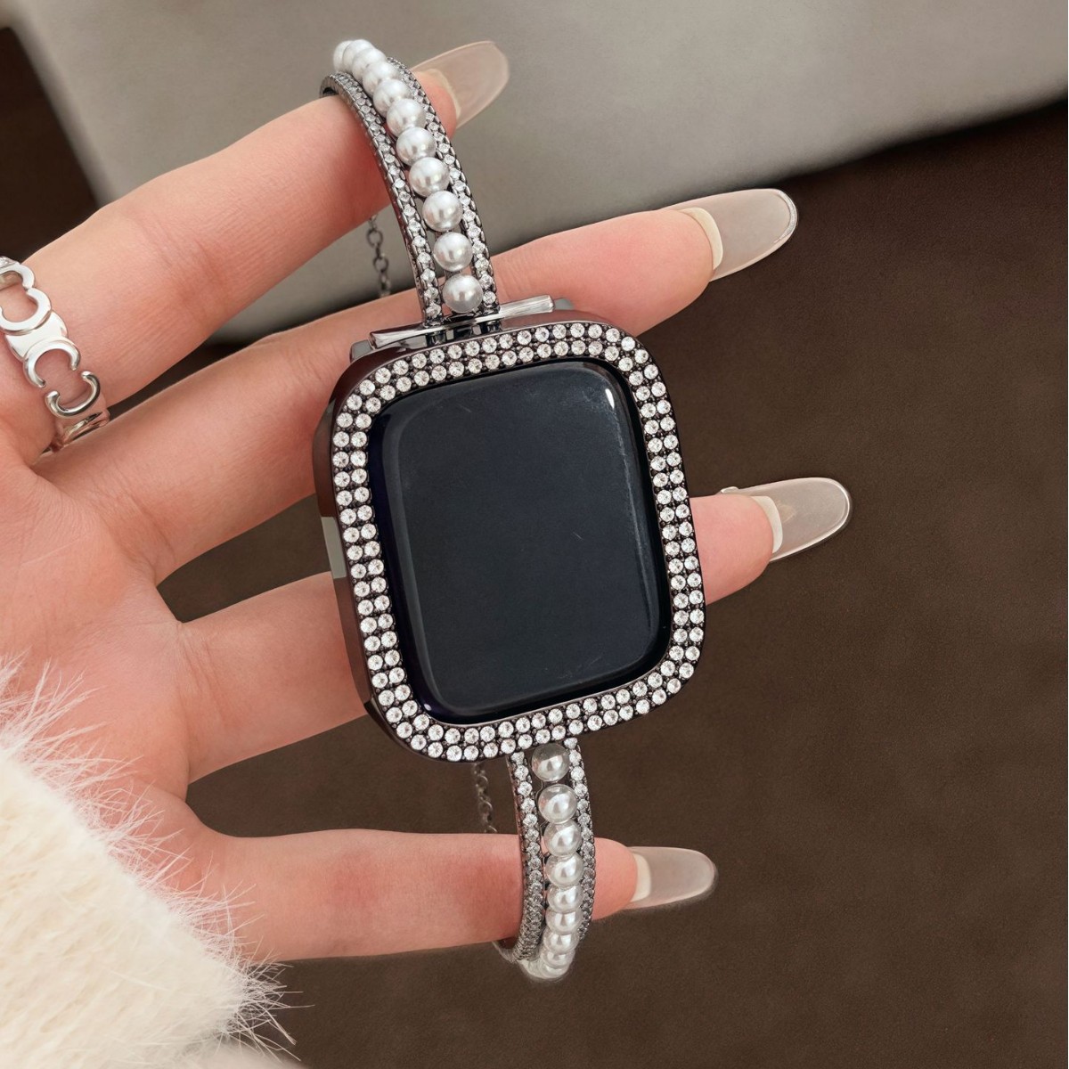 アップルウォッチバンド 輝石装飾パール付きステンレスバンド