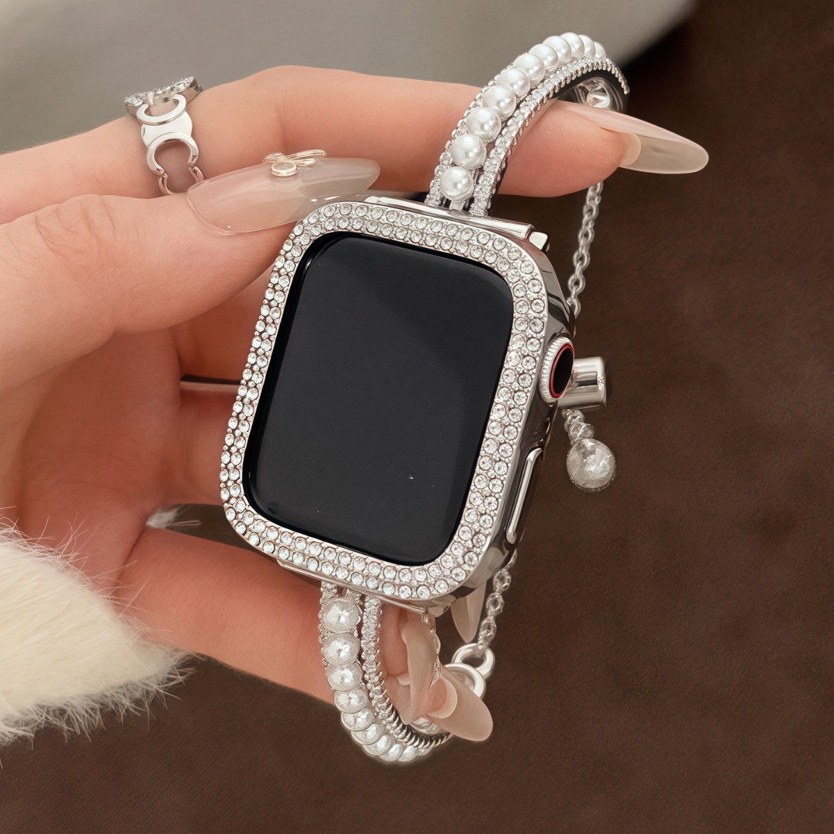 アップルウォッチバンド 輝石装飾パール付きステンレスバンド