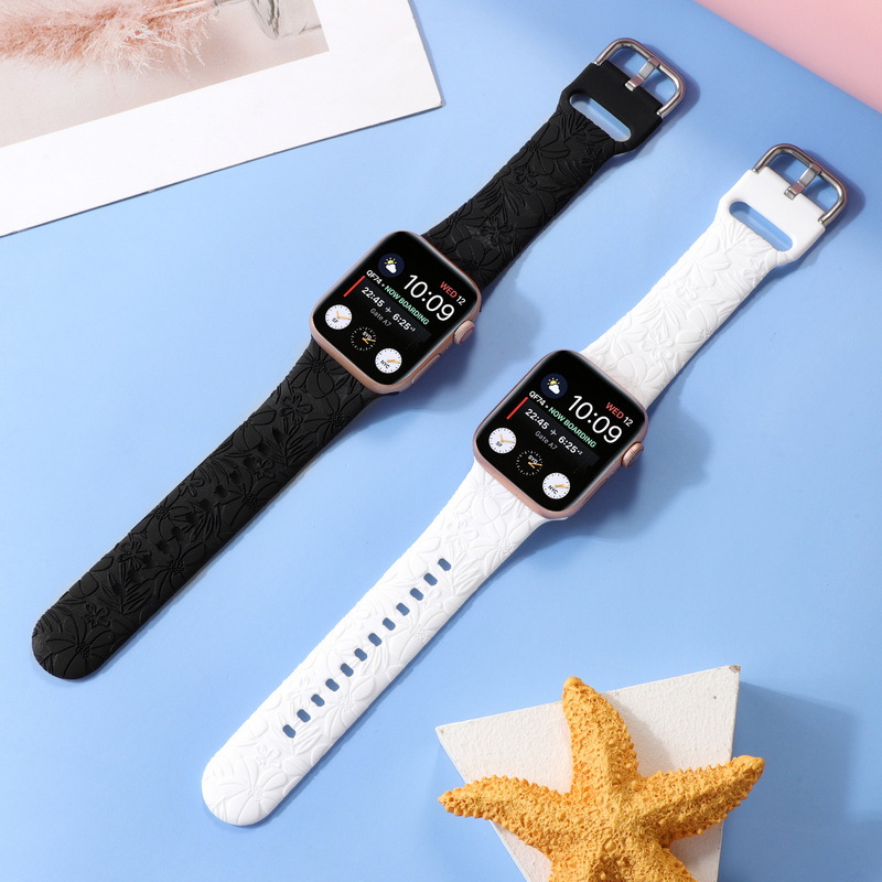 アップルウォッチバンド ステンレス製ハイビスカス花柄シリコンベルト腕時計バンド