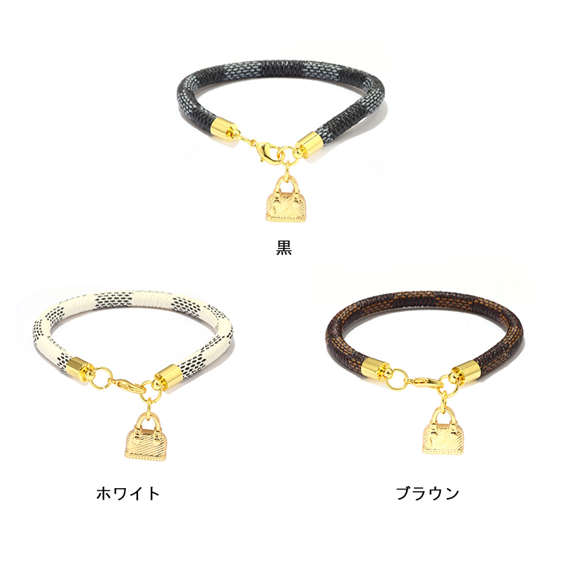 女性用レザーバングル 金色錠前風飾り付き 高級感腕輪