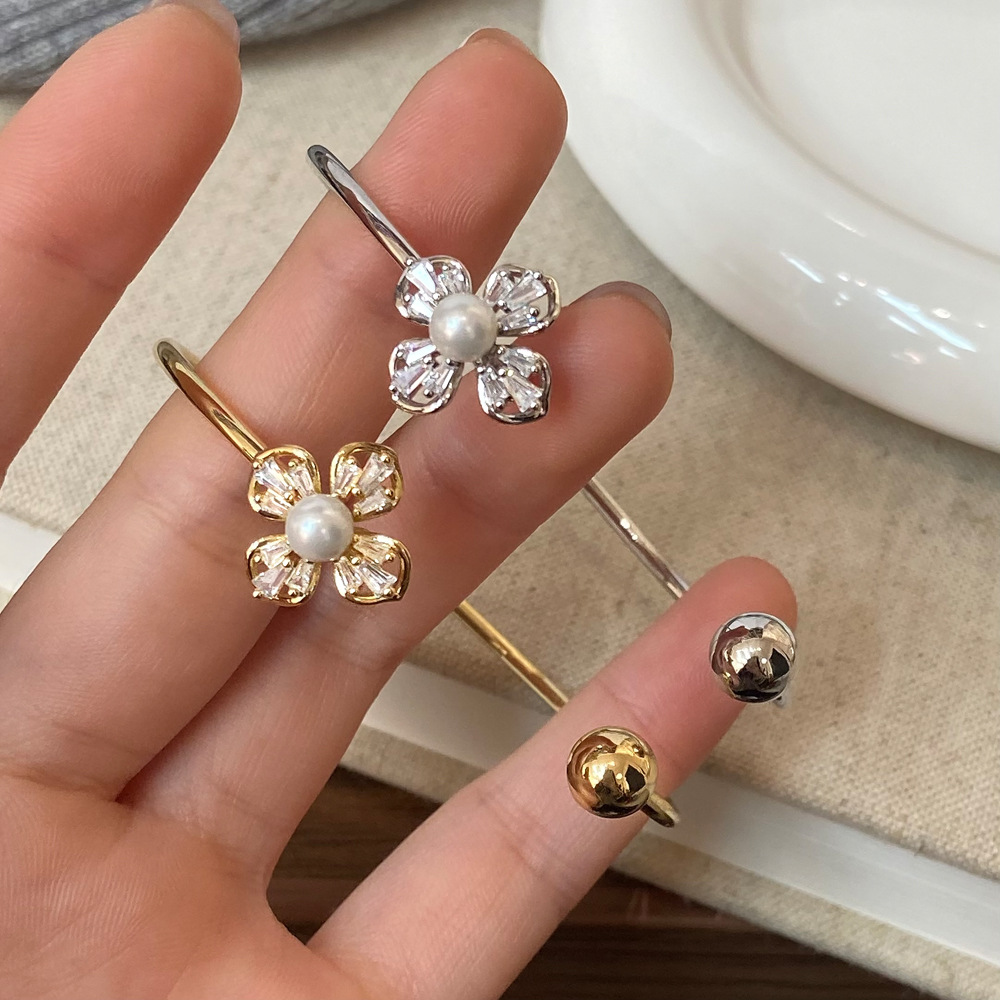 パール花モチーフ開口式バングル上品レディース腕輪