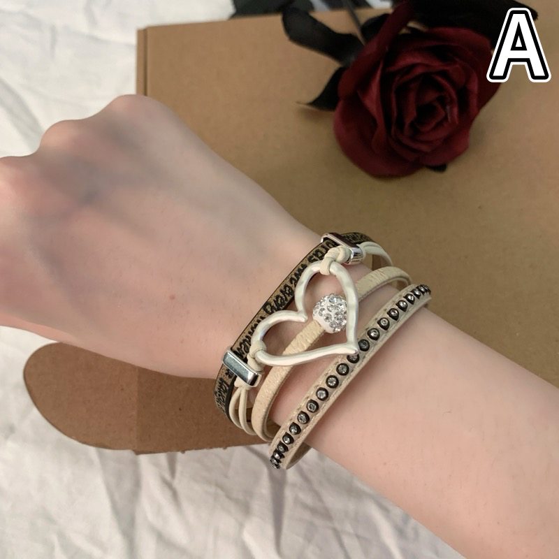 ハート装飾レザーバングル女性用多重層デザイン腕輪