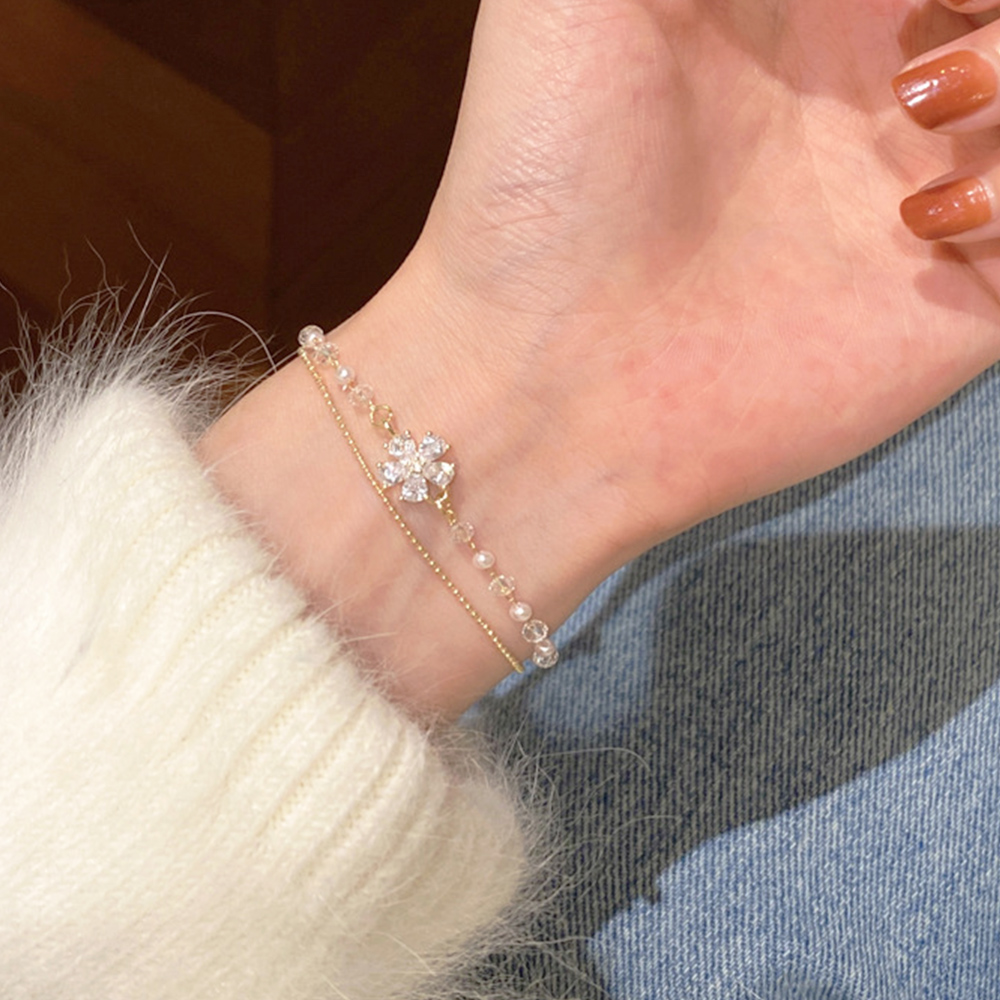 ゴールドバングル 花モチーフ二連チェーンブレスレット上品レディース