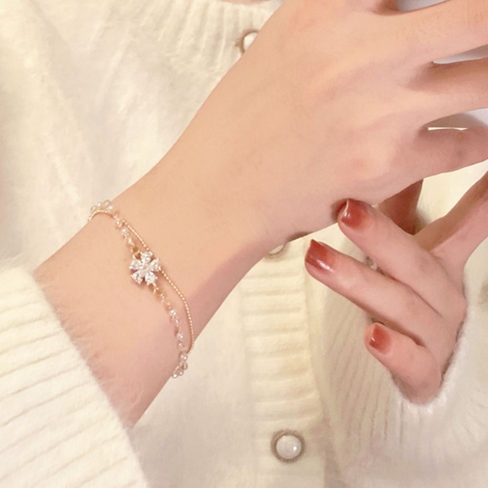 ゴールドバングル 花モチーフ二連チェーンブレスレット上品レディース