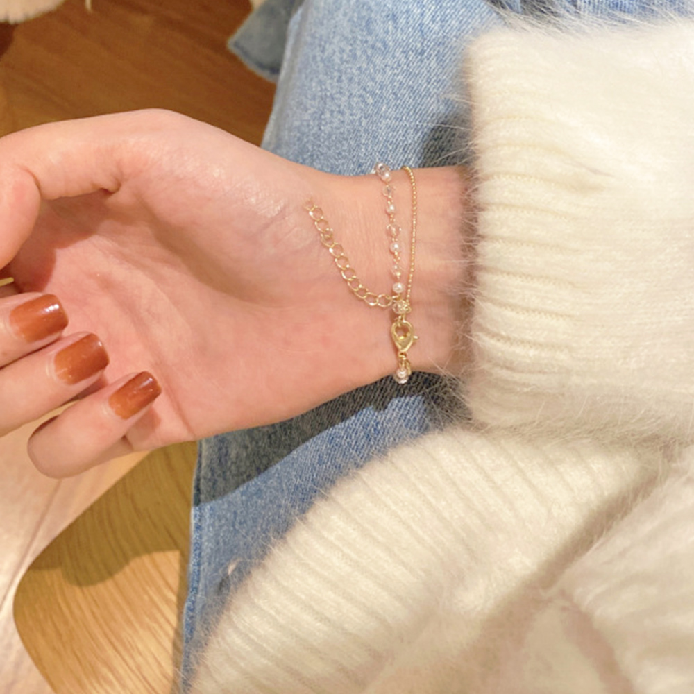 ゴールドバングル 花モチーフ二連チェーンブレスレット上品レディース