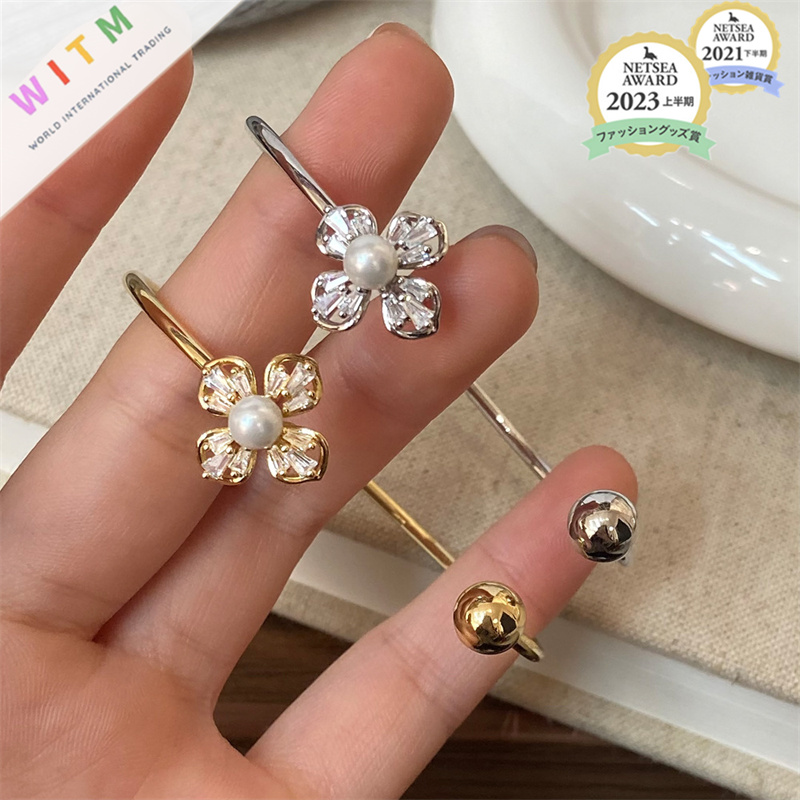 パール花モチーフ開口式バングル上品レディース腕輪