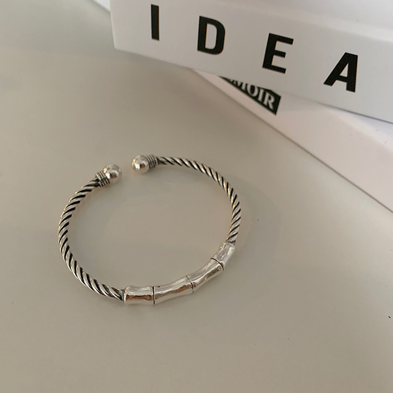 シルバー バンブー節バングル レトロ捻りブレスレット