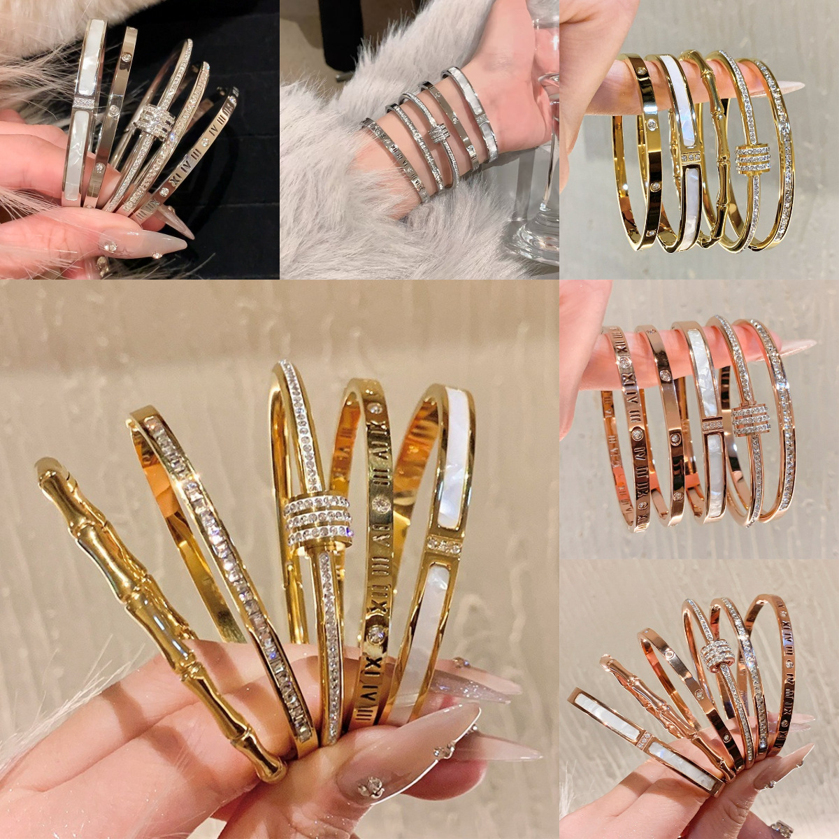 バングル 煌めく石装飾のエレガントバングルセット